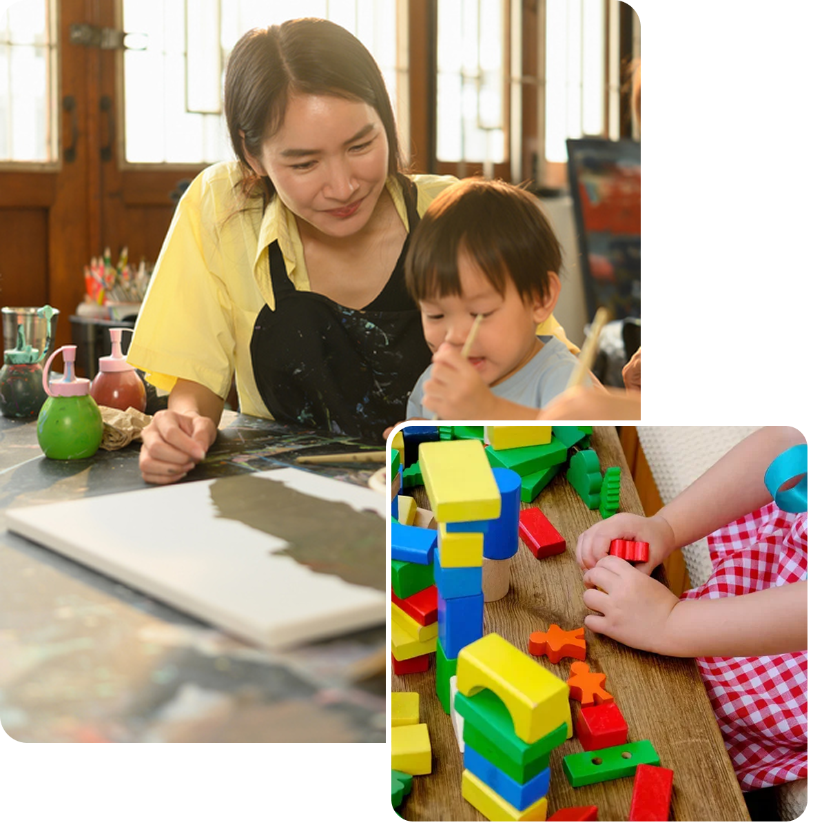 Mother and child smiling while playing with colorful blocks.
