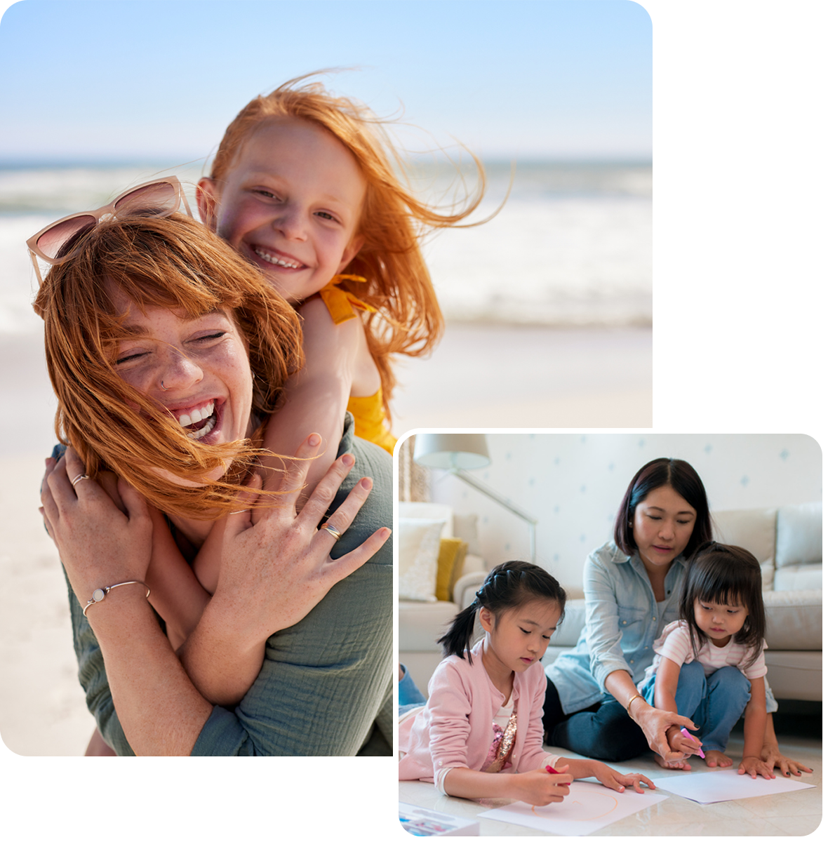 Mother and daughter enjoy a playful moment outdoors by the sea.