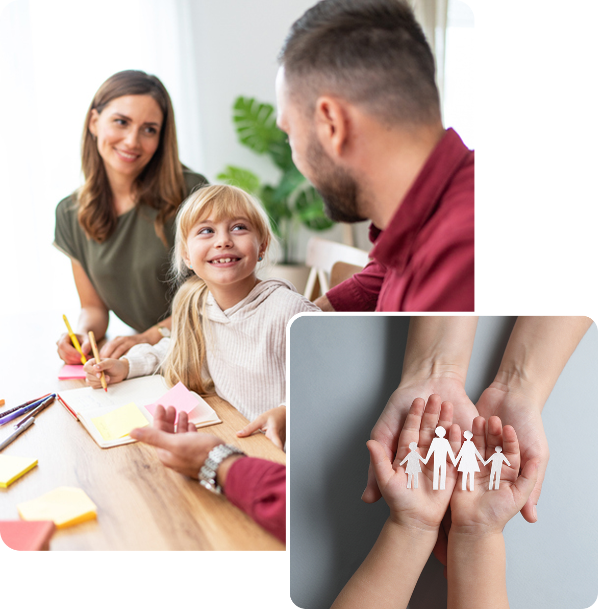 A family joyfully spends time together at a table with drawings.