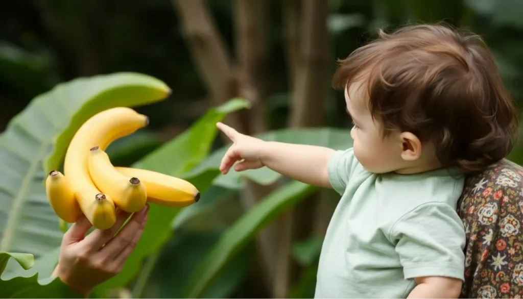A toddler reaching out to touch a bunch of bananas on a tree.