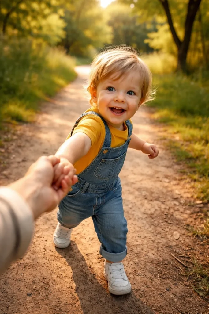 Happy toddler holding an adult's hand while walking outdoors.